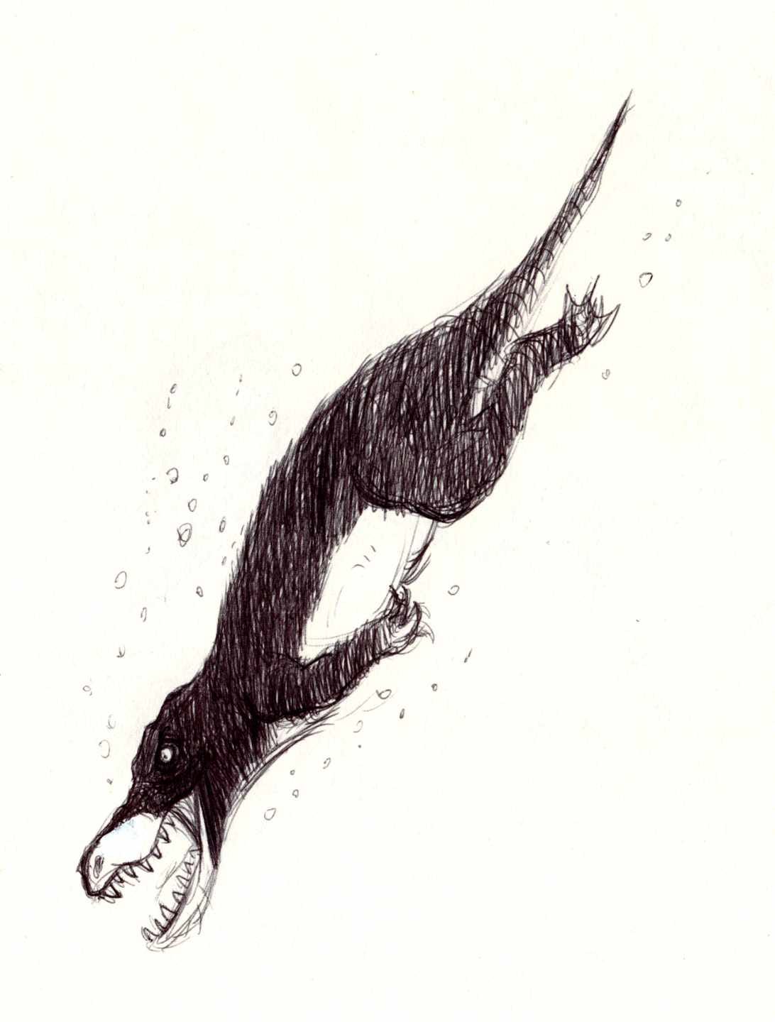 Ballpoint sketch of a dinosaur creature underwater looking like a penguin. Ballpoint sketch of a dinosaur creature underwater looking like a penguin.