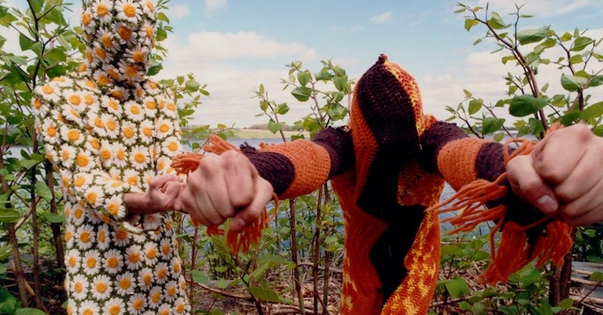 Two members of punk arts collective Forcefield in wild knitwear. Image credit: Hisham Bharoocha Two members of punk arts collective Forcefield in wild knitwear. Image credit: Hisham Bharoocha