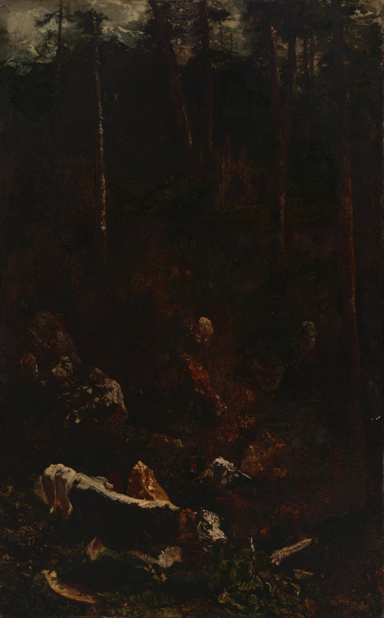 Théodore Rousseau's Descent of the Cattle, cattle coming down a mountain between trees gone dark brown Théodore Rousseau's Descent of the Cattle, cattle coming down a mountain between trees gone dark brown