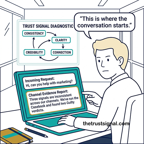 B2B trust signal diagnostic illustration showing difference between vague marketing request and structured inquiry based on consistency, clarity, credibility, and connection signals.