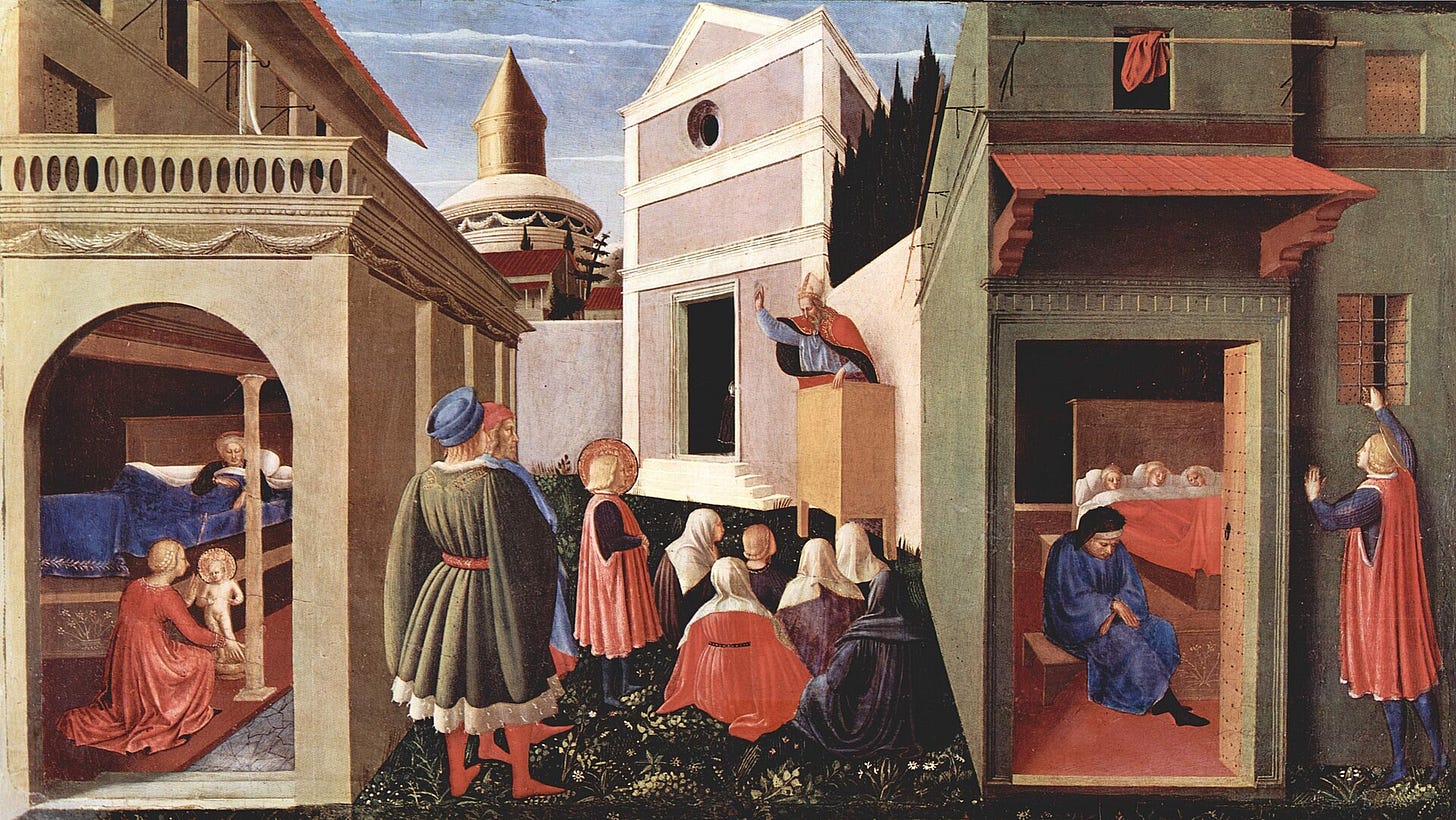 A long panel in three scenes: a newborn standing in a basin near his mother's bed, a young man listening to a bishop preach, and the same young man throwing a ball of gold through the window of a house where three girls sleep near their father. A long panel in three scenes: a newborn standing in a basin near his mother's bed, a young man listening to a bishop preach, and the same young man throwing a ball of gold through the window of a house where three girls sleep near their father.