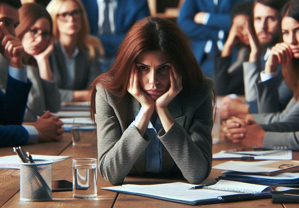 a frustrated teacher in a staff meeting, photorealistic