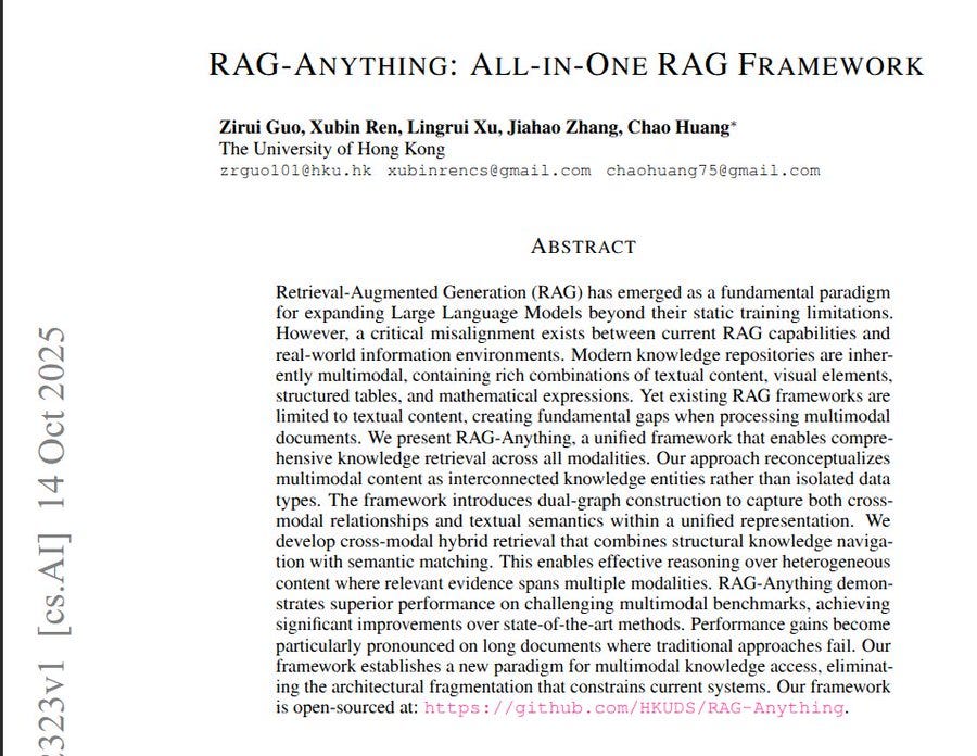 The image displays the title RAG-Anything: ALL-IN-ONE RAG FRAMEWORK at the top, followed by authors Ziru Guo, Xinbin Ren, Lingrui Zhang, Jiahua Zhang, Chao Huang with their email addresses. Below is the abstract text describing the Retrieval-Augmented Generation framework for multimodal documents including text, images, tables, and formulas. It mentions representing documents as two interconnected graphs for cross-modal structure and textual semantics, enabling multimodal retrieval. The abstract highlights superior performance on complex documents and is dated October 14, 2025.