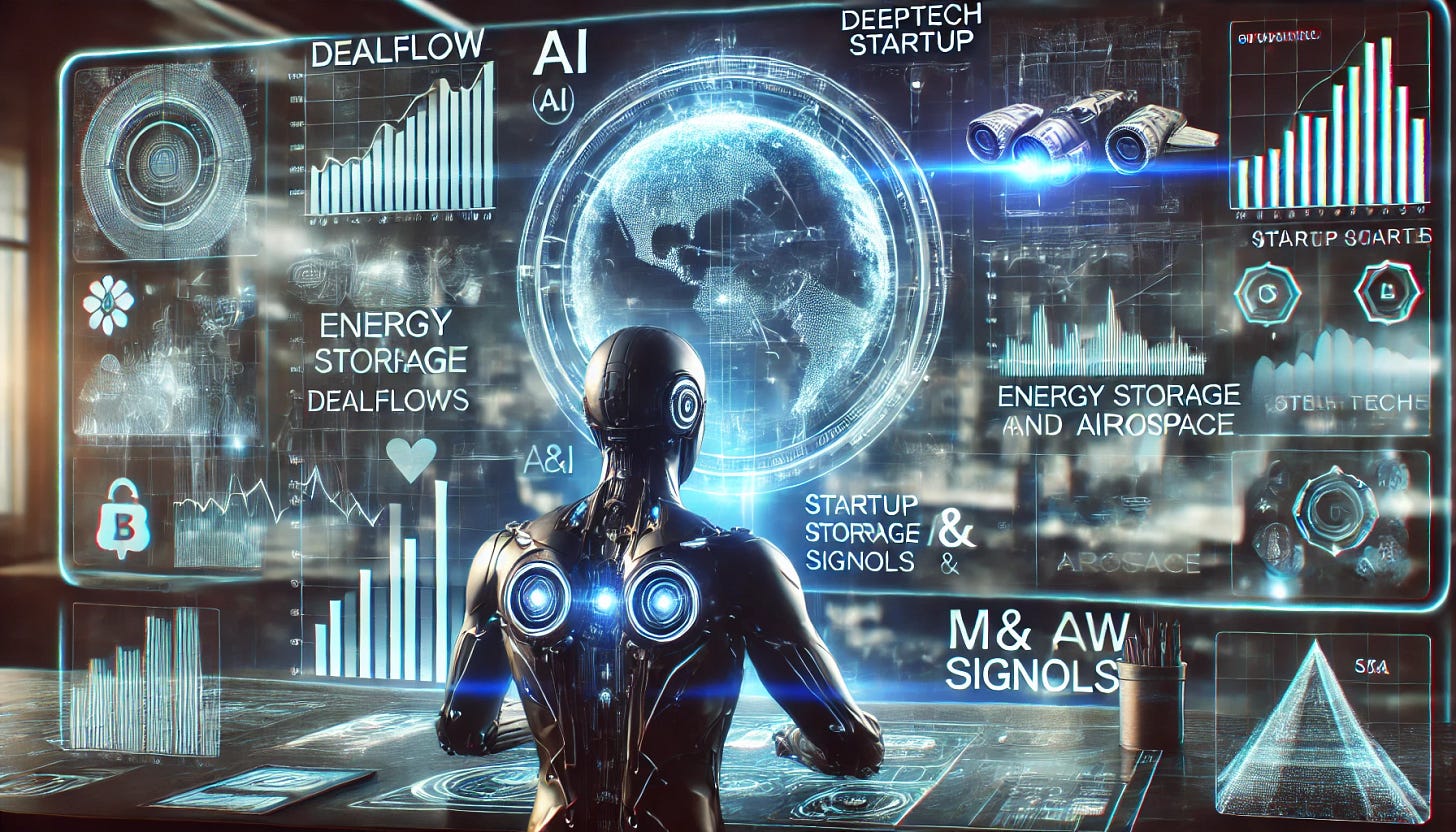 A futuristic financial analyst tracking deeptech startup acquisitions on a high-tech digital dashboard. The dashboard displays AI, energy storage, and aerospace sectors with dealflow charts, startup names, and M&A signals. The setting is a sleek, modern workspace with a holographic interface, emphasizing data-driven investment decisions. The atmosphere is dynamic, symbolizing the fast-paced nature of deeptech deal-making.