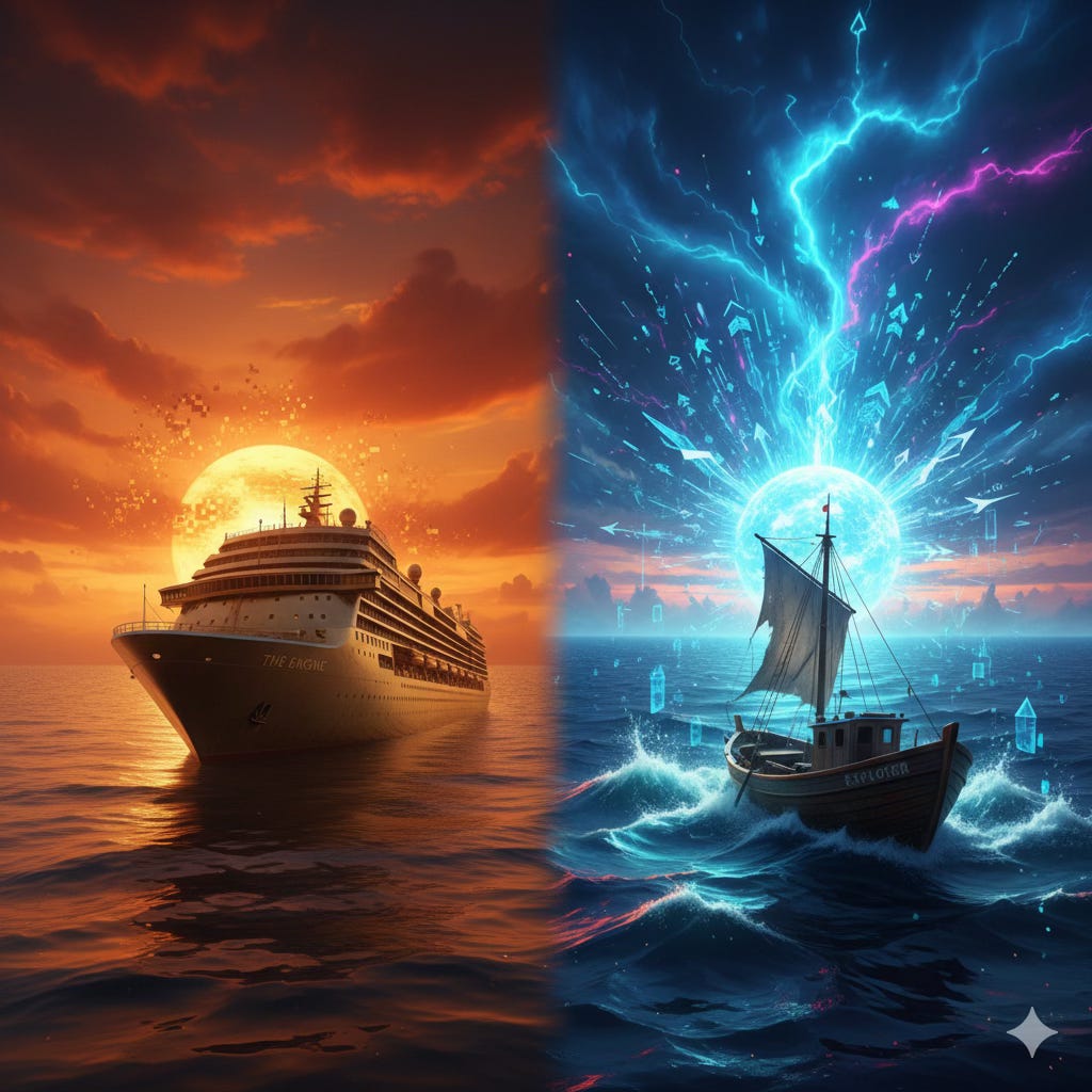 A split-screen cinematic digital art piece. On the left, a massive, traditional cruise ship labeled "THE ENGINE" sails toward a calm, glowing orange sunset. On the right, a small, sturdy wooden boat labeled "EXPLORER" steers into a turbulent, dark blue sea lit by a massive, electric blue sun and bolts of digital energy. A split-screen cinematic digital art piece. On the left, a massive, traditional cruise ship labeled "THE ENGINE" sails toward a calm, glowing orange sunset. On the right, a small, sturdy wooden boat labeled "EXPLORER" steers into a turbulent, dark blue sea lit by a massive, electric blue sun and bolts of digital energy.