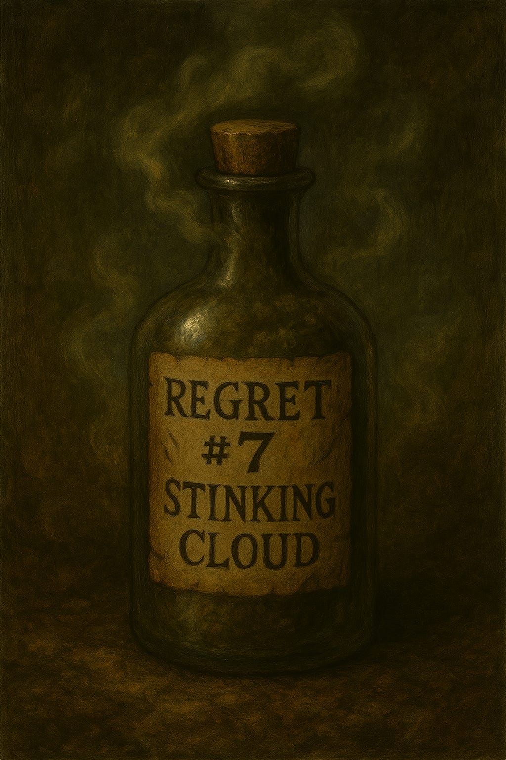 A dark fantasy image of Felonious’ potion labeled 'Regret #7' — a Stinking Cloud concoction. The potion bottle is squat and round, made of thick greenish glass with swirling yellow vapor trapped inside. The cork is sealed with wax and etched with arcane symbols. A hand-written label reads 'Regret #7' in shaky script, pinned to the bottle with a rusted tack. The bottle sits on a cluttered alchemist’s workbench surrounded by scattered notes, dried herbs, and a half-burned candle. The air around the bottle shimmers faintly, and a greenish haze begins to leak from the seams. The atmosphere is eerie, pungent, and slightly comedic.