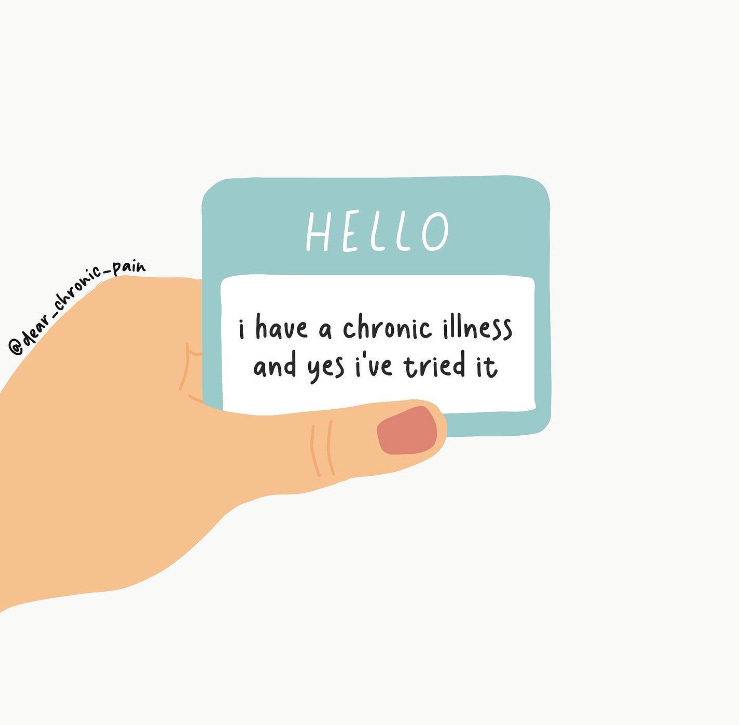 A pale blue name tag saying "Hello I have a chronic illness and yes I've tried it." It's being held by a light skinned hand.  A pale blue name tag saying "Hello I have a chronic illness and yes I've tried it." It's being held by a light skinned hand.