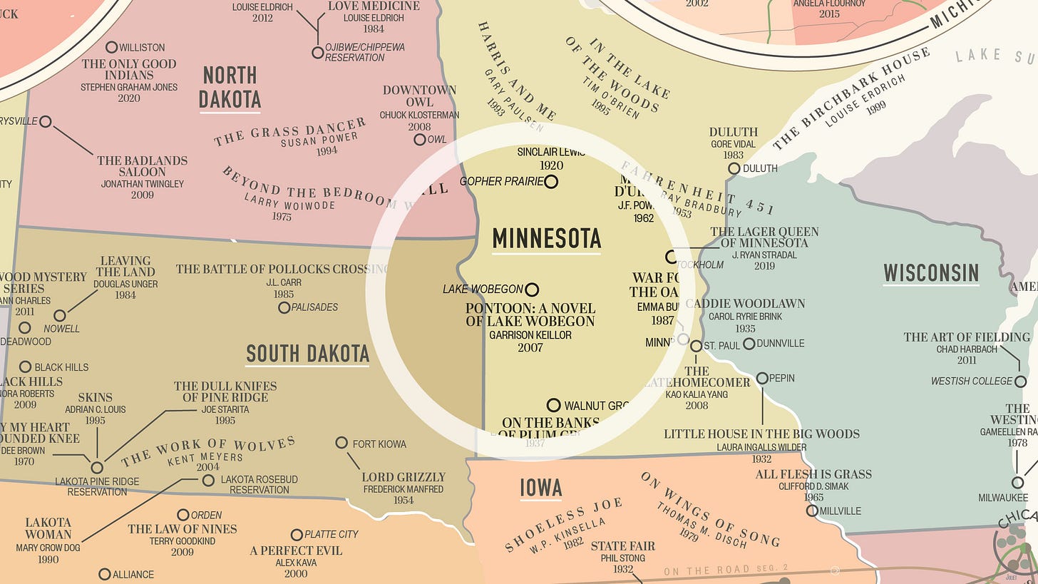 A literary map shows Minnesota highlighted, surrounded by North Dakota, South Dakota, Iowa, and Wisconsin, with the book "Pontoon: A Novel of Lake Wobegon" noted near central Minnesota.