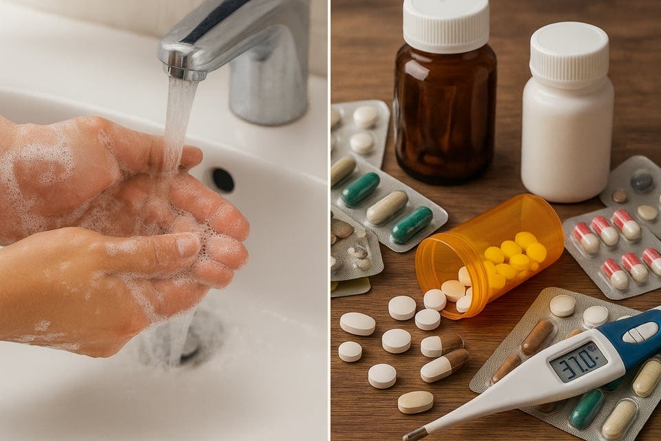 left: washing hands; right: a thermometer and bottles of pills