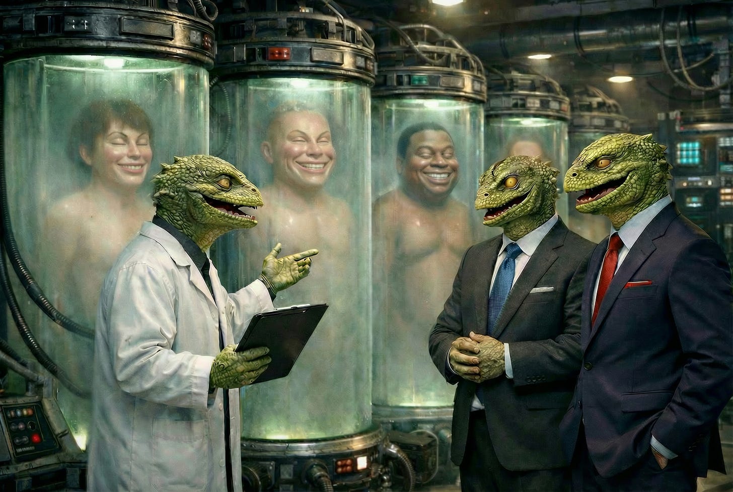 A reptilian illuminati scientist in a lab coat presents a line of funny-looking, synthetic human clones inside tall glass incubation tubes. Reptilian executives in business suits are smiling and listening to him talk. A reptilian illuminati scientist in a lab coat presents a line of funny-looking, synthetic human clones inside tall glass incubation tubes. Reptilian executives in business suits are smiling and listening to him talk.