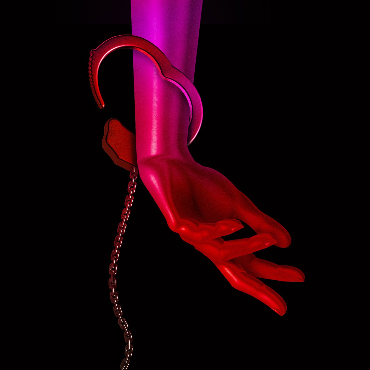 A hand in pink and red tones being handcuffed.