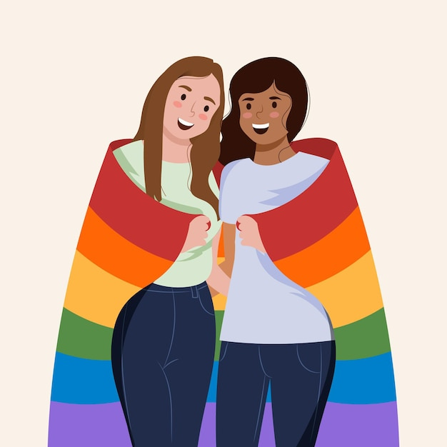 Free Vector | Beautiful lesbian couple with lgbt flag illustrated