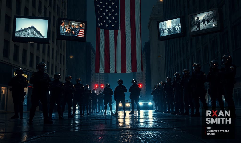 Ultra-detailed 16:9 photorealistic image. Nighttime American city street in the rain, shot in cinematic low-key lighting. A massive, vertically hanging U.S. flag dominates the background, lit from behind so its folds glow through the darkness. In the foreground, a line of riot police in heavy tactical gear stands motionless on wet asphalt, their faces obscured by dark visors, reflections of red and blue lights shimmering on their helmets. Above them, floating CRT televisions from different decades show grainy scenes: Prohibition-era raids, McCarthy hearings, civil-rights protests, crack-era SWAT raids, and smartphone footage of modern police encounters. The air is filled with drizzle and faint steam rising from manhole covers. Color palette of deep blacks, steel blues, sodium-vapor yellows, and cold emergency-light reds. Mood: claustrophobic, confrontational, heavy with historical weight.