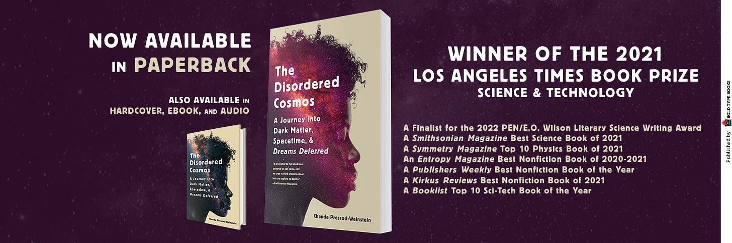 now available in paperback, the disordered cosmos. all info in this image is at the link you arrive at when you click on the image.