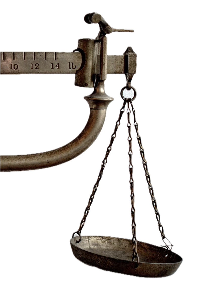 part of a scale with one pan and measurements labeled "lb"