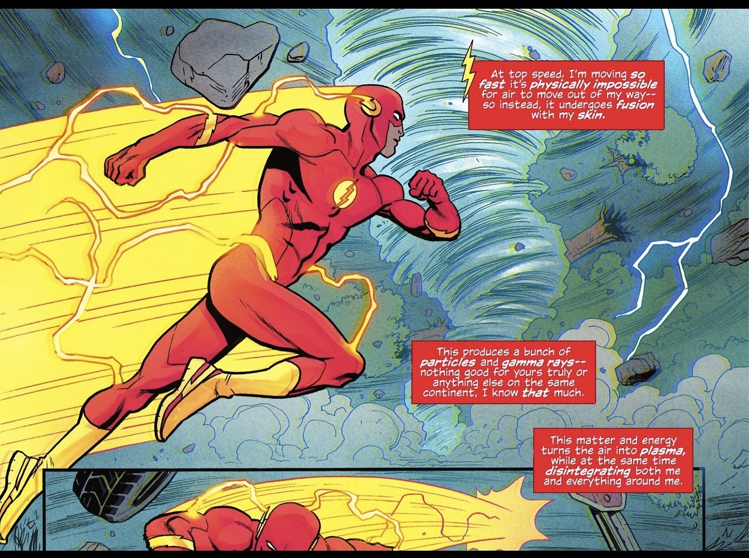 Comic panel of the Flash running at extreme speed, describing how air cannot move aside, leading to plasma formation and high-energy radiation.