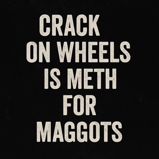 Bold white distressed text on a stark black background reading: “Crack on Wheels is Meth for Maggots.