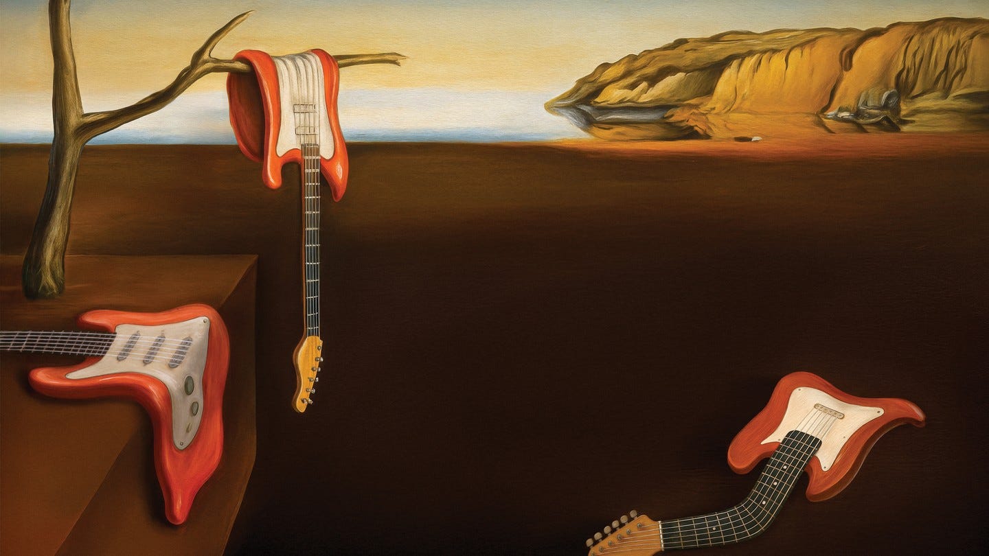 An image showing guitars melting in a dreamy desert landscape