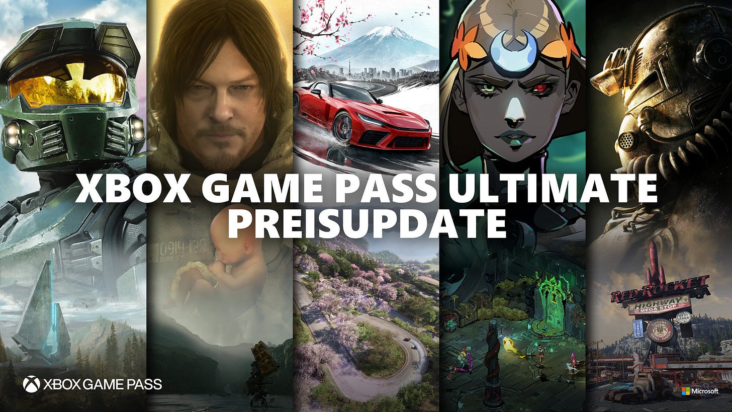 Bilder von 5 Xbox Game Pass Titeln nebeneinander mit der Caption Xbox Game Pass Preisupdate Bilder von 5 Xbox Game Pass Titeln nebeneinander mit der Caption Xbox Game Pass Preisupdate