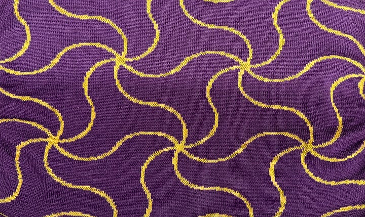 top left: a blue and maroon bag. top right: a grid of animals with a cat, dog, gorilla and the text "UIST" across the top and "2025" going down the side in yellow and purple yarn. Bottom left: snoopy knit in seed stitch, bottom right: swirly yellow lines on purple background