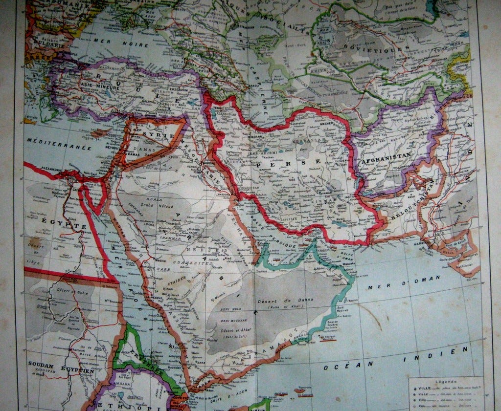 A depiction of the British and French mandate areas in 1925. Brown represents British mandated territories while Syria and Lebanon are under French mandate. The map of this area of the world has changed constantly since the Sykes-Picot agreement was first signed in 1915, and may be in the process of changing again today (Gabriel / Flickr Creative Commons, 2007).