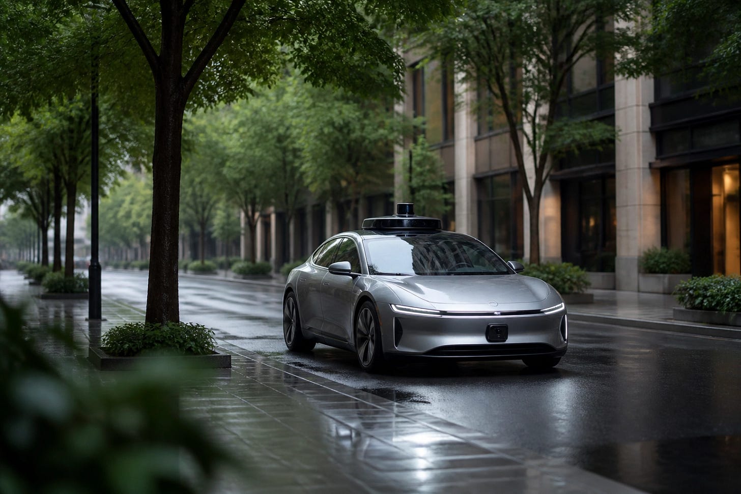 Sleek autonomous vehicle on a modern city street representing the future of autonomous urbanism and AV policy.