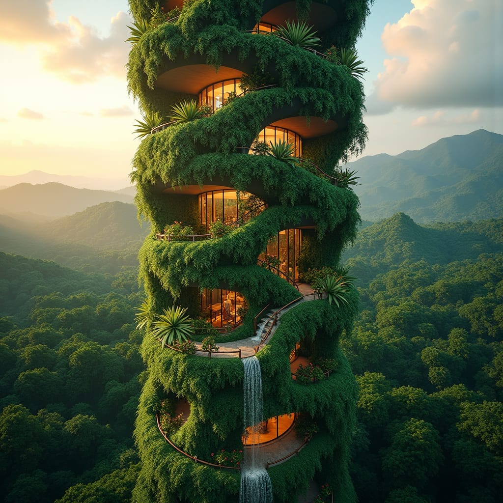 A twisting, vertical tower rising from the rainforest, spiraling upward through Jamaica’s lush tropical landscape. 