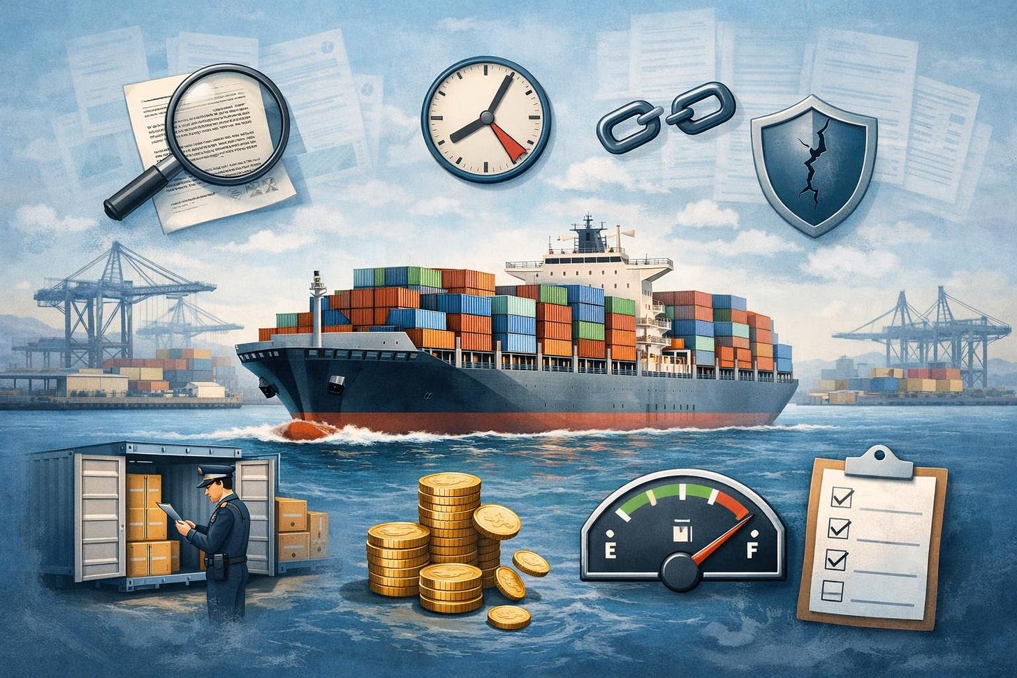 A cargo ship sailing with shipping containers, surrounded by icons representing hidden shipping costs like delays, insurance issues, customs inspection, fuel expenses, and paperwork at a busy port.