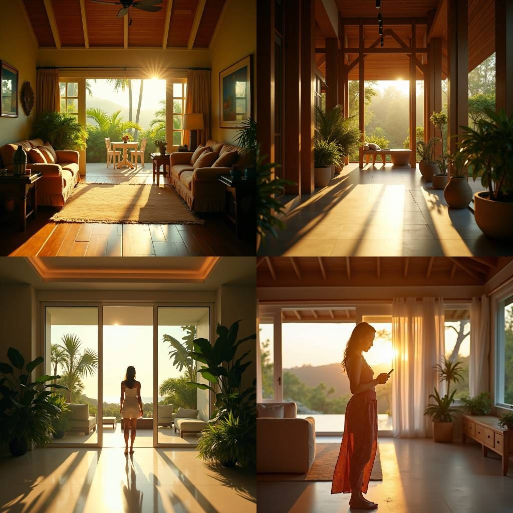 A beautifully dressed woman in a vibrant sundress, standing in the doorway of a stunning modern Jamaican home, looking out at the breathtaking Caribbean landscape, as she prepares to checkout of her vacation rental, surrounded by lush greenery and colorful tropical flowers, with a warm golden light spilling in through the doorway, casting a romantic glow on the scene.