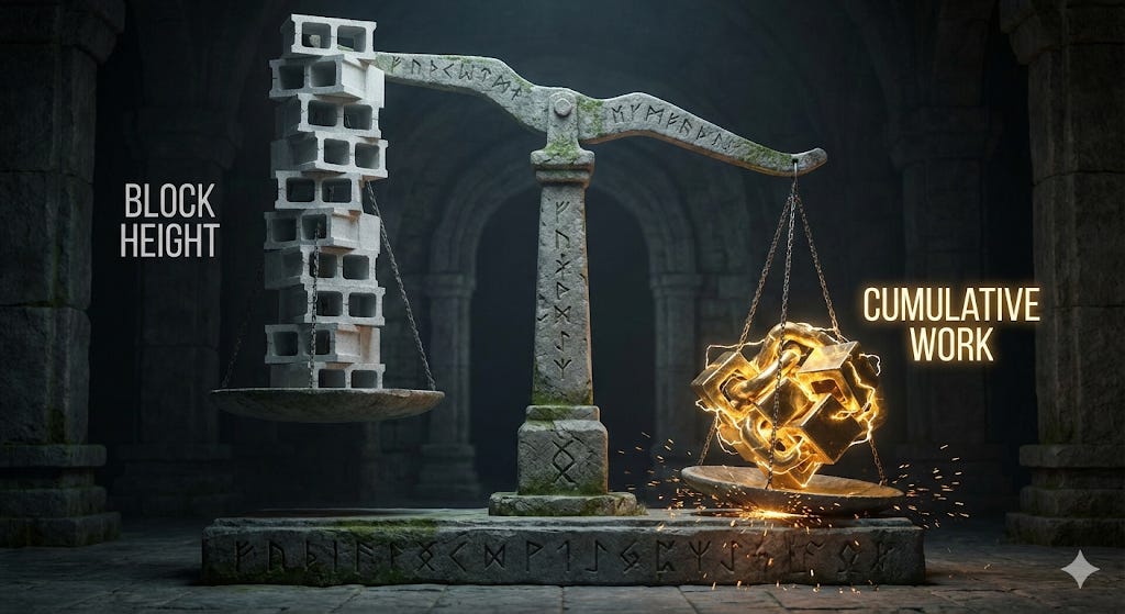 Not the taller chain — the heavier one decides truth.