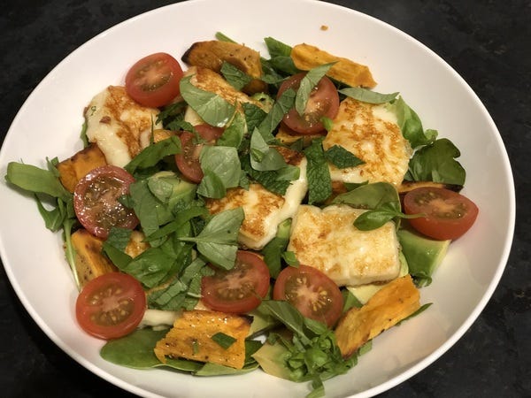 Sunshine salad with haloumi and roasted sweet potato