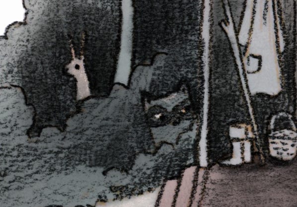 Detail of a raccoon and bunny in the background of an illustration by Jennifer M Potter
