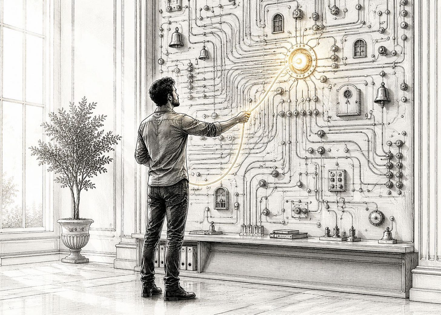 A figure connects one glowing wire on a large switchboard while many unlit wires hang around the panel.