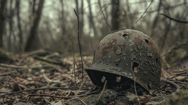 A poignant reminder of the human cost of war this image shows a lone helmet  left behind in a field of battle | Premium AI-generated image