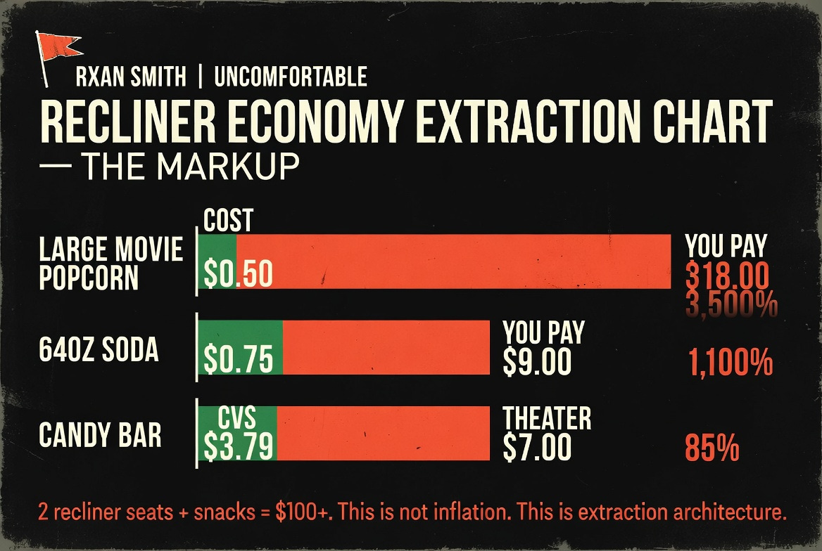 The Modern Movie Theater Receipt      Two tickets (reserved recliner seats, taxes, fees )$52–$70    Large popcorn (5-gallon bucket, costs ~$0.50 to fill) $18    64 oz soda (costs ~$0.75 in syrup + cup) $9    One candy (same bag, $3.79 at CVS next door) $