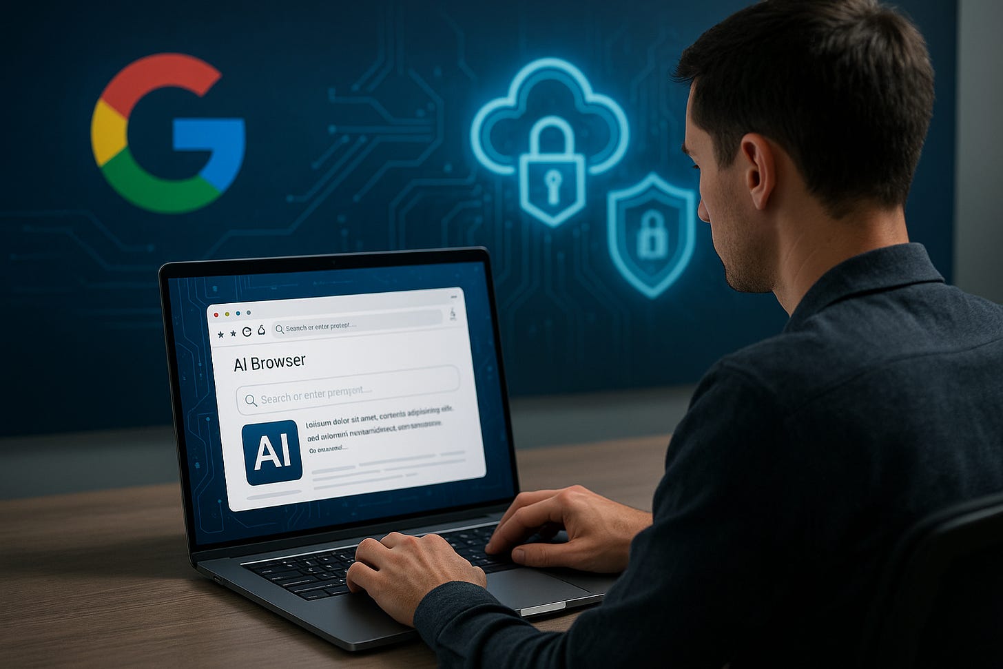 utilizator testând browserul OpenAI cu ChatGPT, pe fundal elemente Google și iconițe de confidențialitate