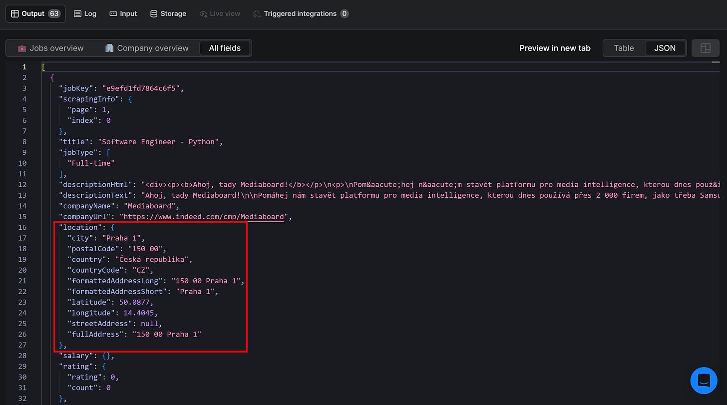 Note the “location” field on each job object in the scraped JSON dataset