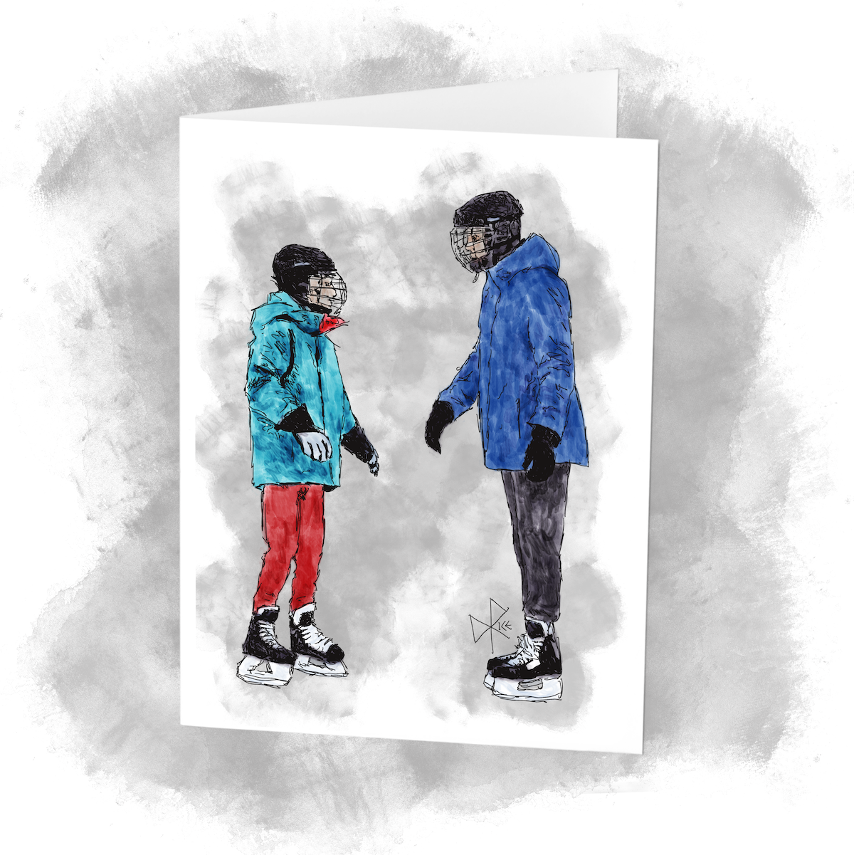 A man and a young boy, both wearing skates, talk over skills lessons on the ice rink. Sketch art by Don Rice.