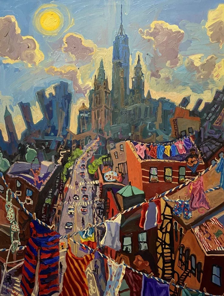 This may contain: an oil painting of a cityscape with clothes hanging out to dry