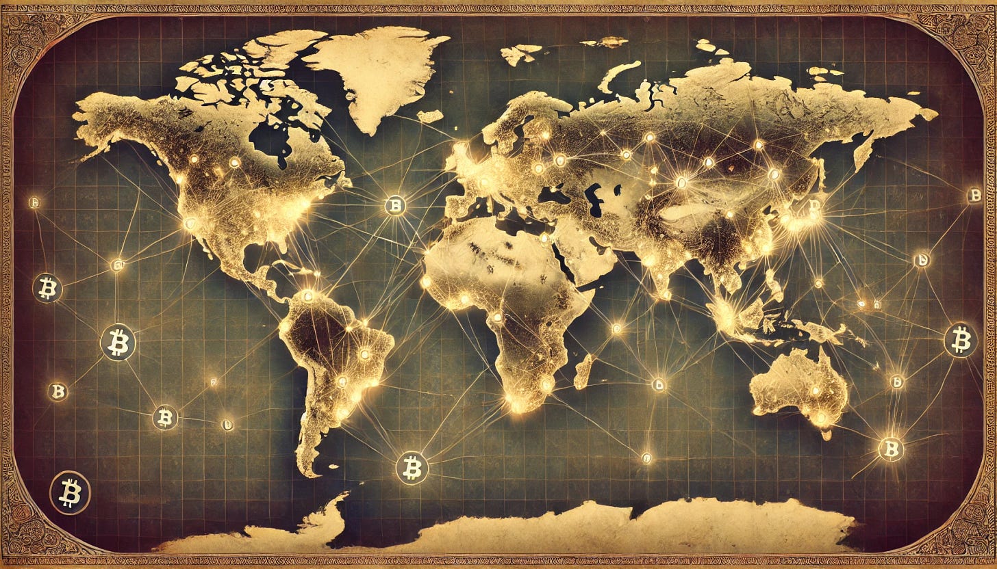 A large-scale, vintage-style geographic map showcasing strategic Bitcoin mining farms across the world, with a heavy concentration of points in Africa, China, and Eastern Russia. The map features aged paper textures, detailed hand-drawn continents, and glowing symbols marking mining farm locations. The design emphasizes the geostrategic importance of these regions, with a visually striking and expansive layout to accommodate detailed labeling and connectivity. The map blends classical cartographic aesthetics with modern Bitcoin concepts.