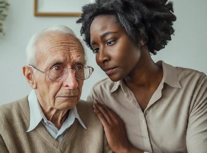 A caregiver interacts with a confused person with dementia. A compassionate caregiver gently talks to a person with dementia who appears confused and slightly agitated.