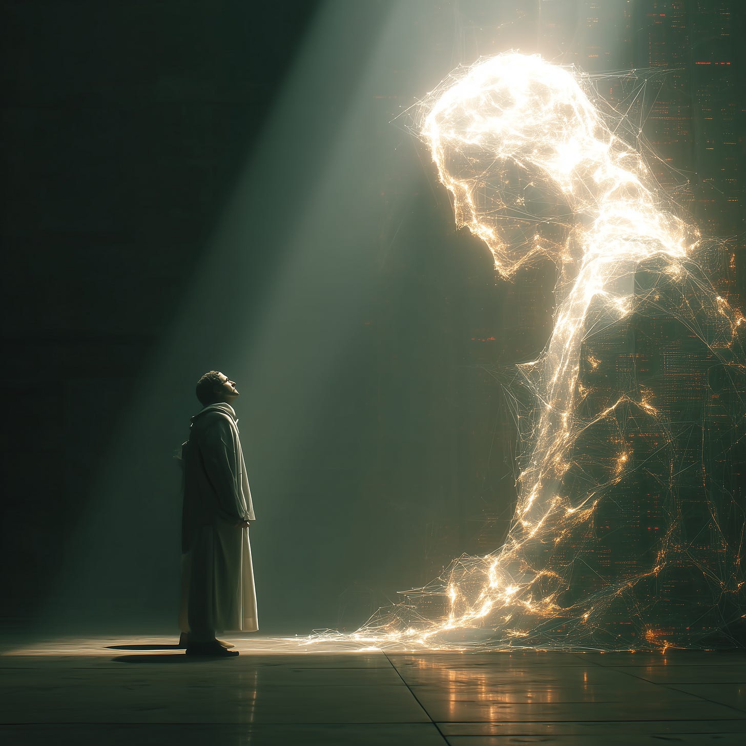 an illuminated Christ figure standing before a human shrouded in digital static, light pouring through tangled code