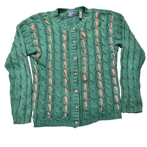 Vintage GAP Sweater Womens XL Green Cable Knit Plaid Ribbon Cardigan UK 90s - Picture 1 of 10