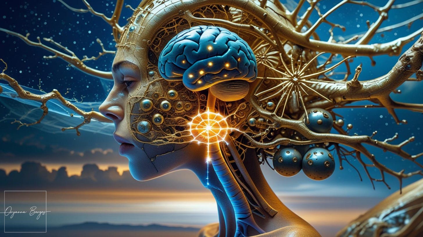 Colagem digital mostrando o perfil de uma mulher autista com o cérebro iluminado por circuitos neurais dourados, simbolizando a vigília da consciência, a enxaqueca e a conexão entre o sistema nervoso e o sistema digestivo