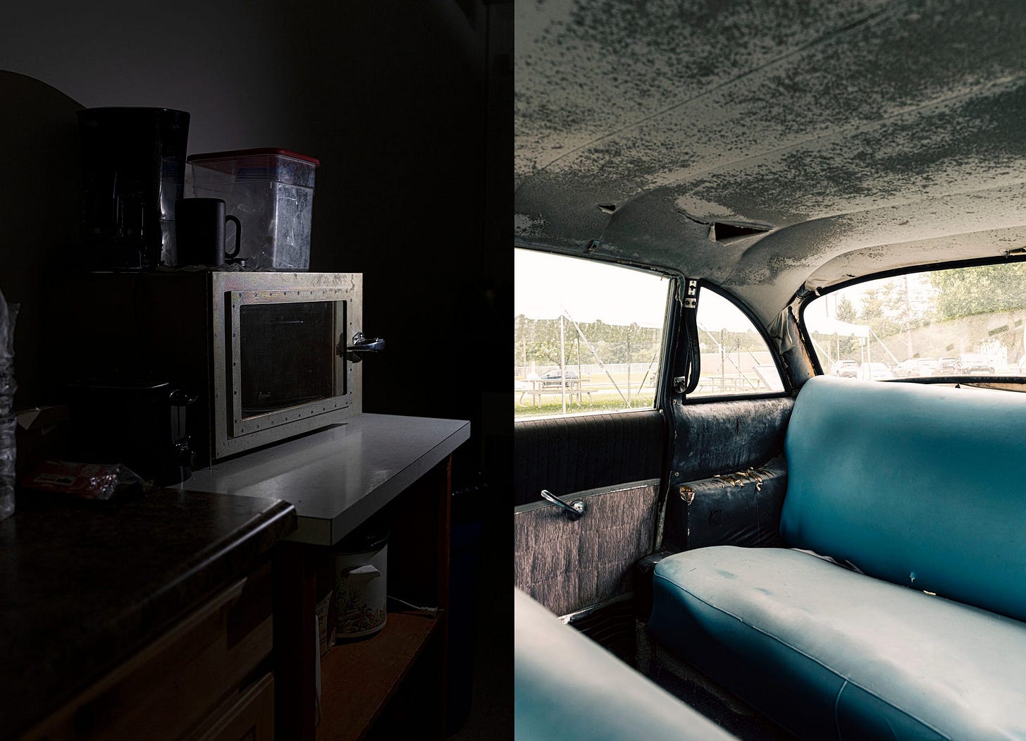 A dimly lit kitchen counter with a microwave and clutter, alongside the interior of an old, weathered car.
