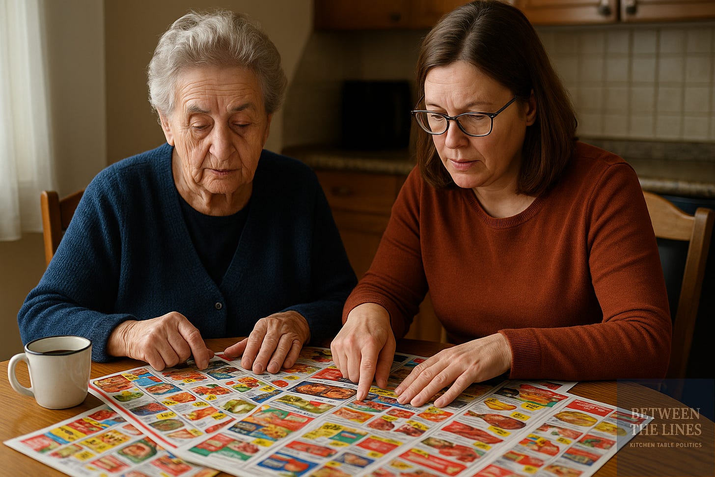 Two generations at a kitchen table surrounded by grocery flyers and a cup of coffee.