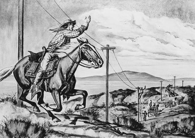 An illustration of a Pony Express rider passing workers building telegraph lines. An illustration of a Pony Express rider passing workers building telegraph lines.