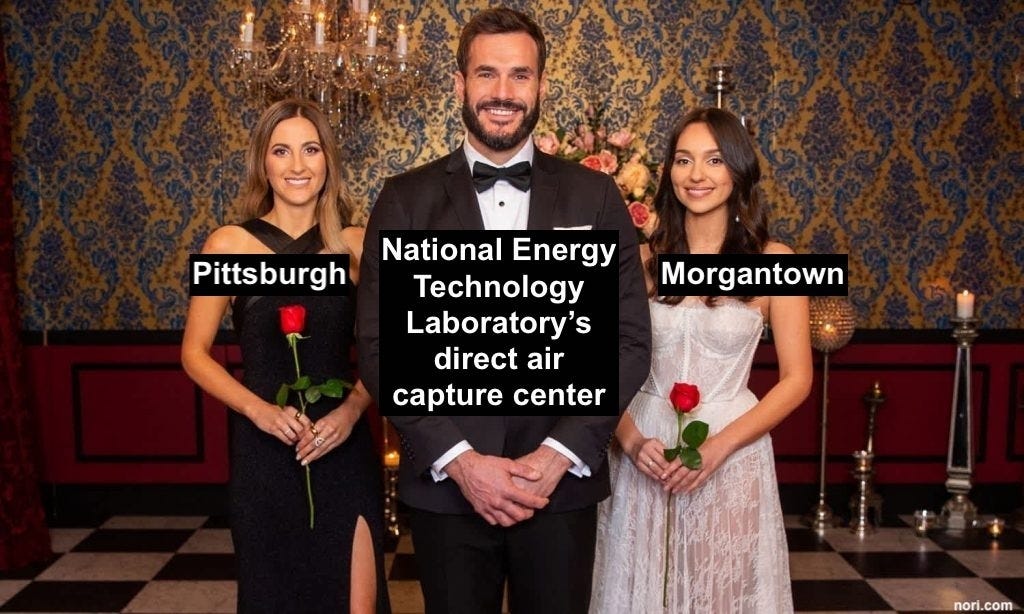Bachelor-style photo of a man in a tuxedo labelled "National Energy Technology Laboratory's direct air capture center", flanked by two women holding roses, labelled "Pittsburgh" and "Morgantown".