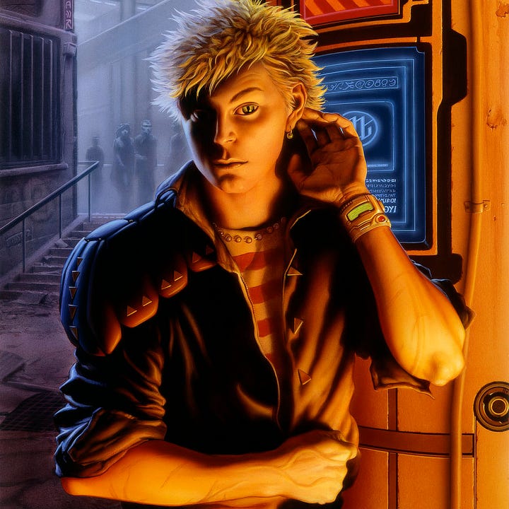 LEFT: Figure detail from CATSPAW featuring the protagonist brightly lit in front of a display screen. Over his shoulder, the view out of the alley reveals a futuristic city street where people are strolling by. RIGHT: Close detail from CATSPAW featuring the protagonist probing the skin just behind his ear. His irises are vibrant green with pupils spilt down the center like a cat's eyes.