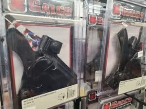 Leather holsters on sale at a Virginia gun store in July 2022 Leather holsters on sale at a Virginia gun store in July 2022